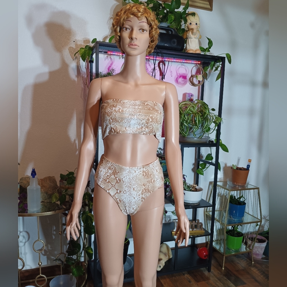 Elegant Beige Snake Print Bandeau Bikini Set